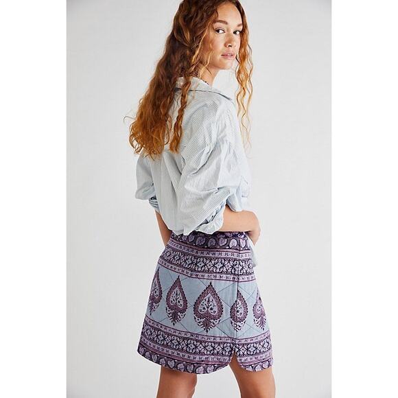 New Free People Maddy Quilted Mini Skirt by ANTIK BATIK $184 SMALL Blue - Picture 1 of 6